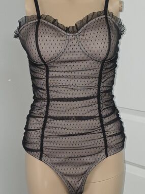 Rabbit Rose Sheer Black Dot-Mesh Bodysuit  Ruffle Trim Sz M